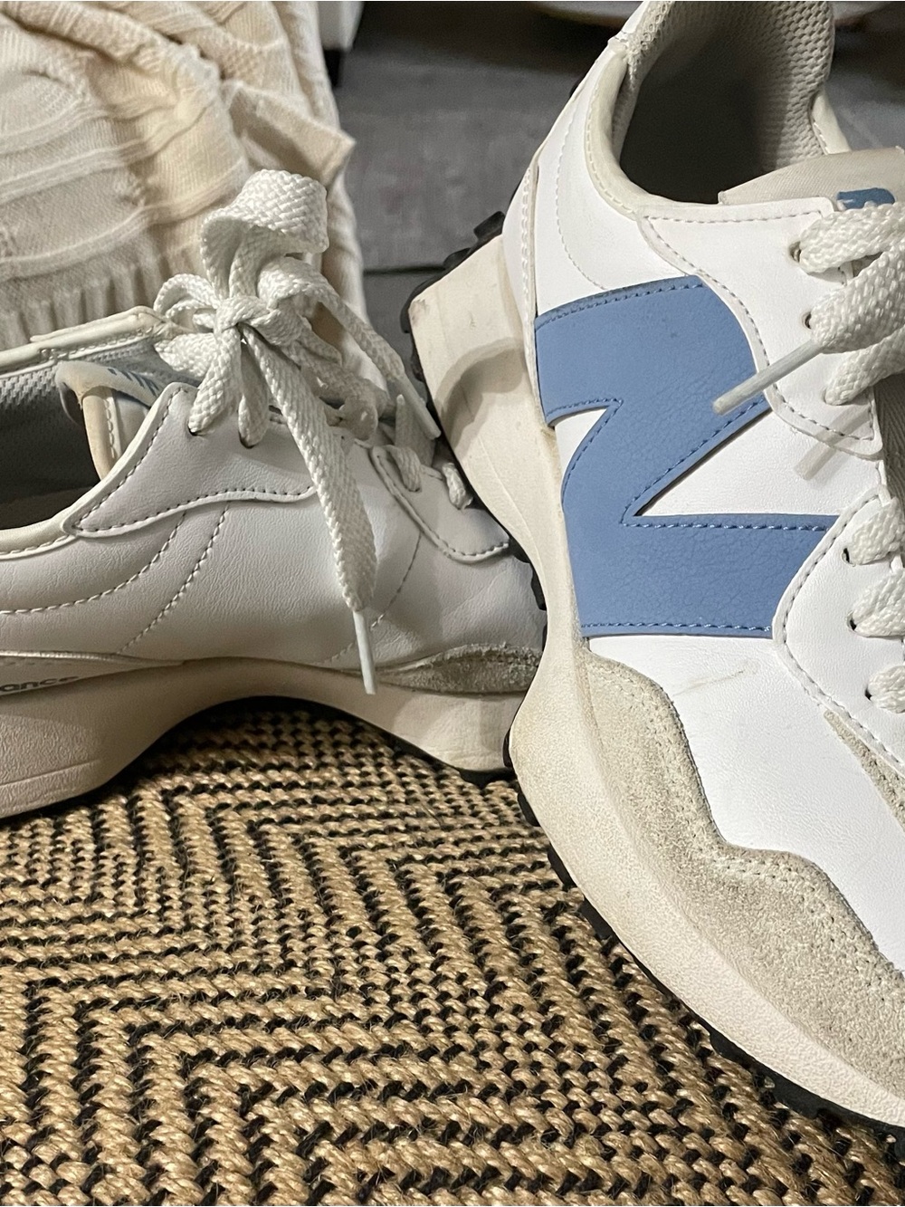 New Balance White and Light Blue Sneaker Label Detail